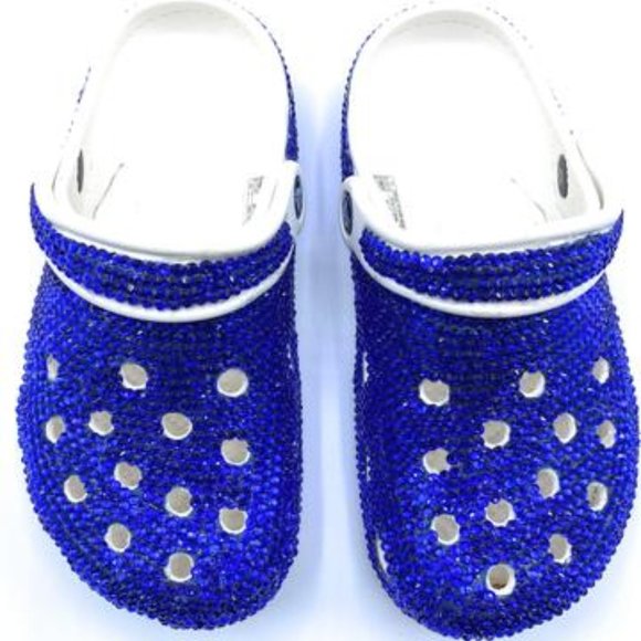 Shoes - Bling Blue Rhinestones Studded Customized White Clogs Adults